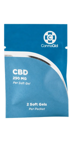 A blue stand-up pouch package for CannaQld CBD 250 MG soft gel, showing 2 soft gels per packet on a white background.