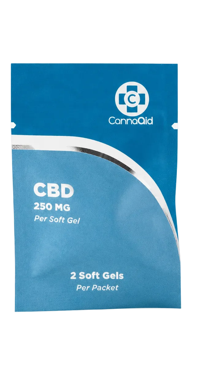 A blue stand-up pouch package for CannaQld CBD 250 MG soft gel, showing 2 soft gels per packet on a white background.