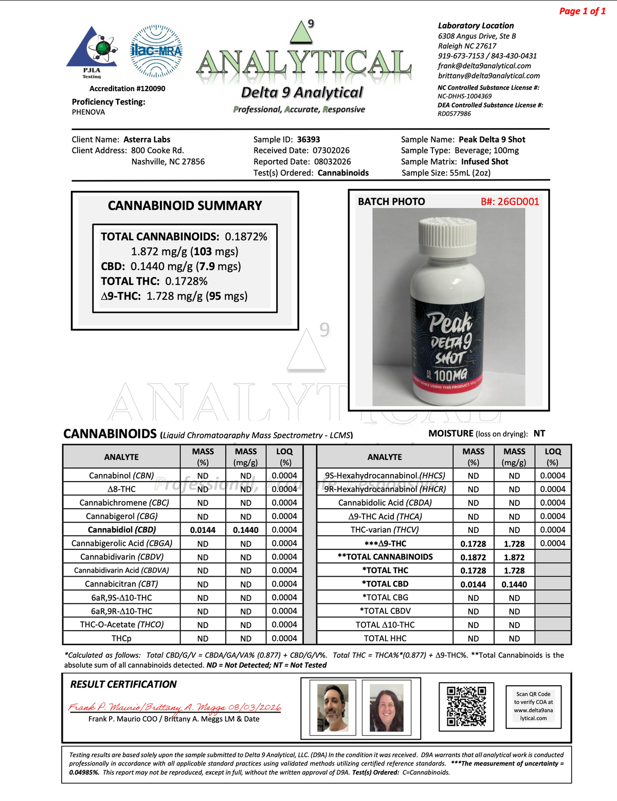 Delta-9 THC Shot - 100mg (55mL) Peak